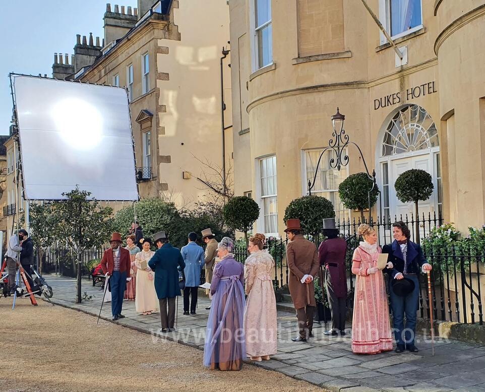 Bridgerton Bath: filming for Series 3 in January 2023 outside Dukes Hotel